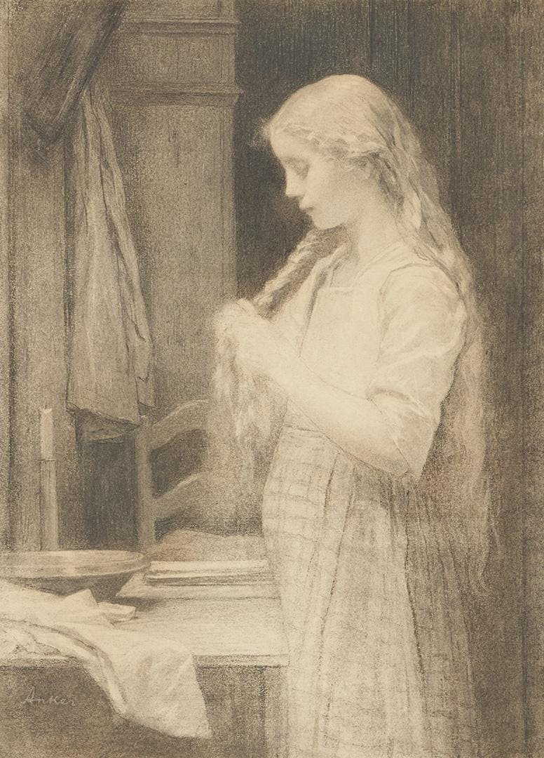 Albert Anker, Mädchen, die Haare flechtend, o.D. (vermutlich 1887)
