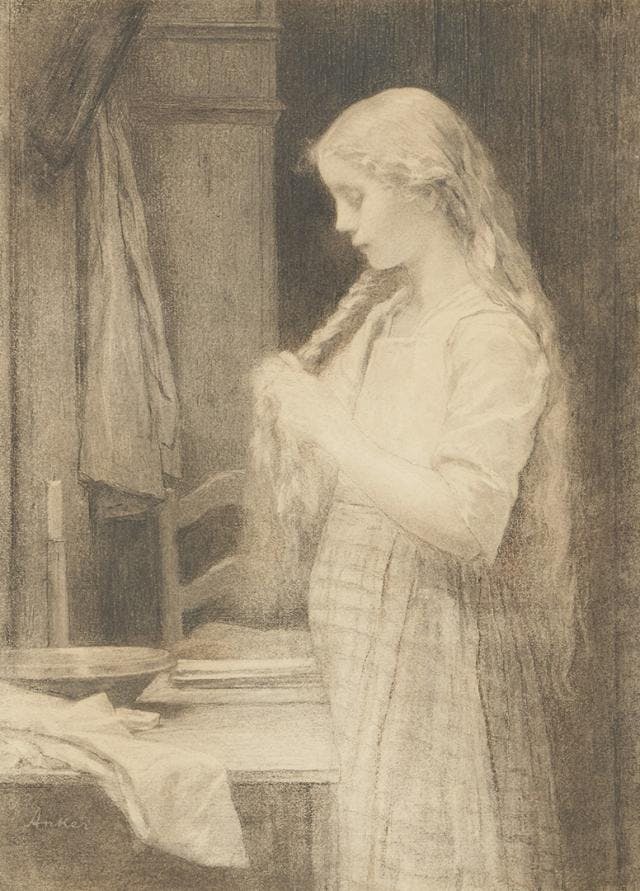 Albert Anker, Mädchen, die Haare flechtend, o.D. (vermutlich 1887)