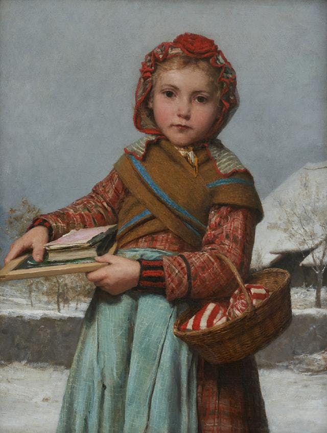Albert Anker, Schulmädchen mit Schiefertafel und Nähkörbchen, 1878